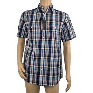 Roundtree & Yorke Men's Size XXL  Short Sleeve Shirt Plaid DeepBlue Button Up 39